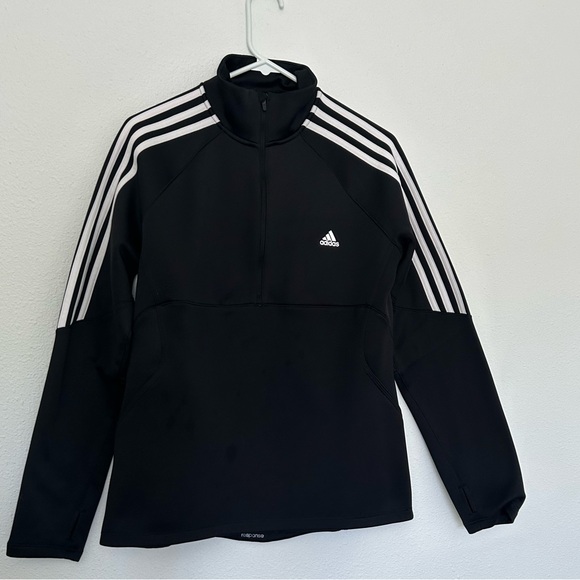 adidas Jackets & Blazers - Adidas Black Half-Zip Pullover with White Stripes.